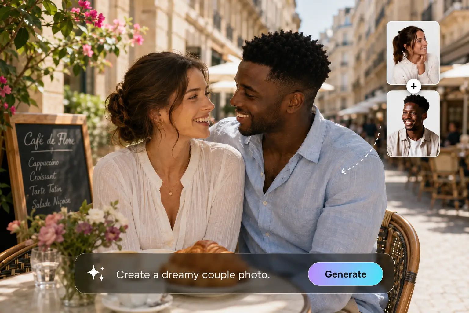 AI couple photo maker combining a brown-haired woman and a man with short natural hair into a romantic Paris café scene