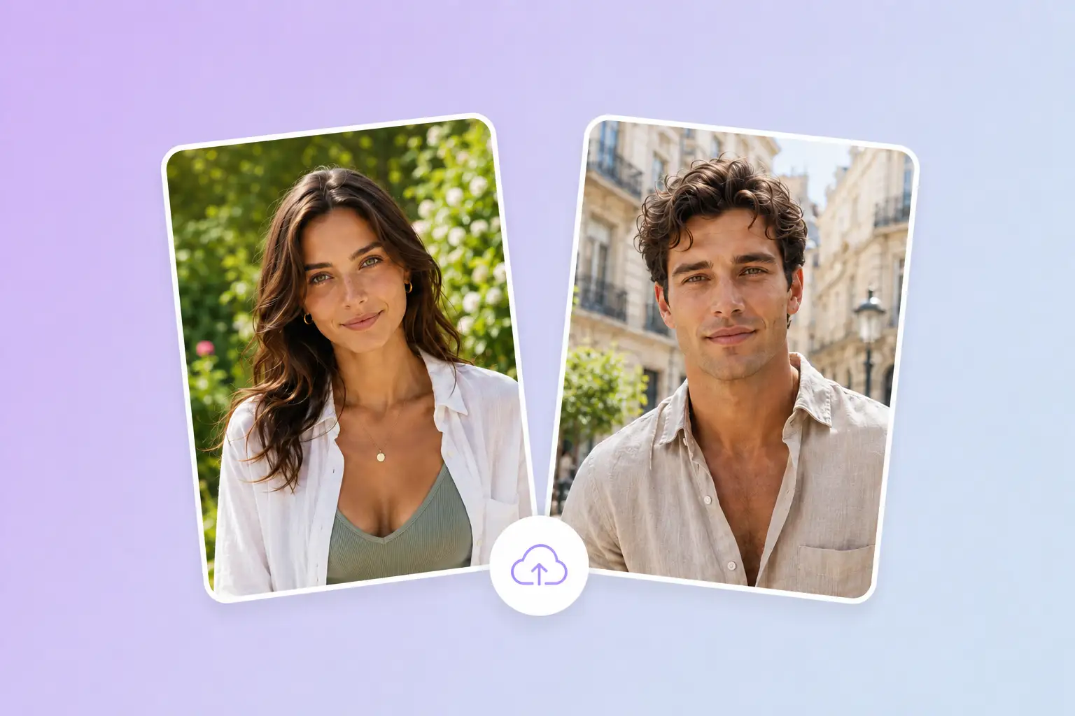 Step 1 upload two photos to the AI couple photo maker showing a brunette woman and a curly-haired man