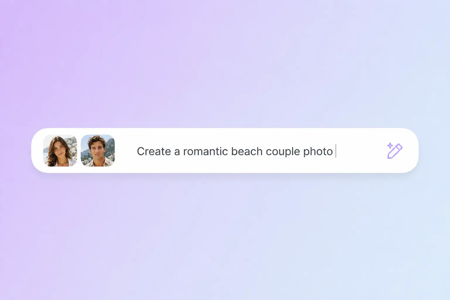 Step 2 add a text prompt to the AI couple photo maker with two uploaded face photos of a brunette woman and a curly-haired man