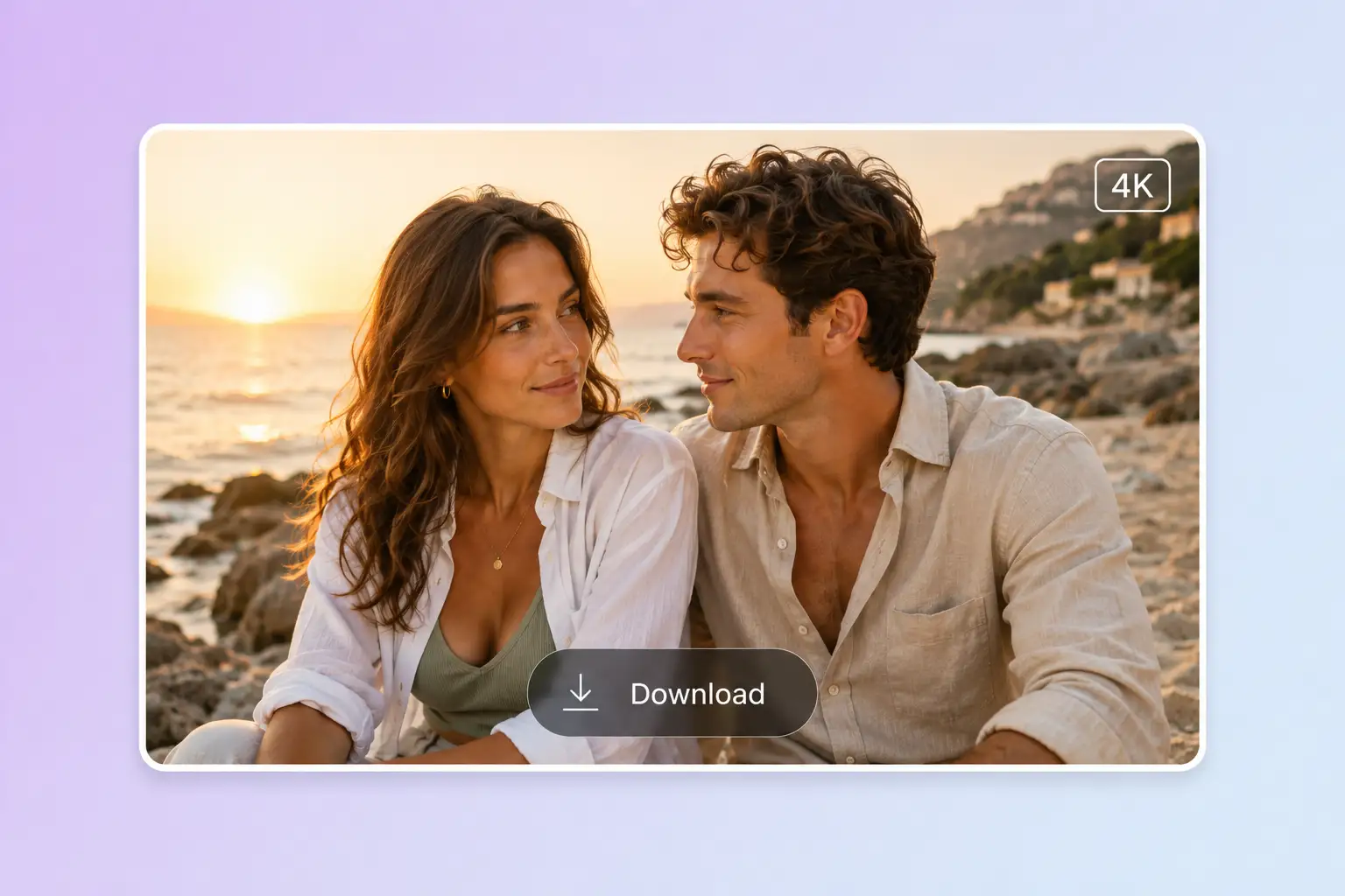 Step 3 download the finished AI couple photo in 4K showing a brunette woman and a curly-haired man on a sunset beach