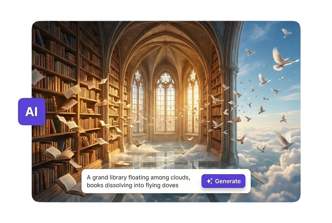 Fondo de pantalla de gran biblioteca generado por IA con barra de mensajes y botón Generar