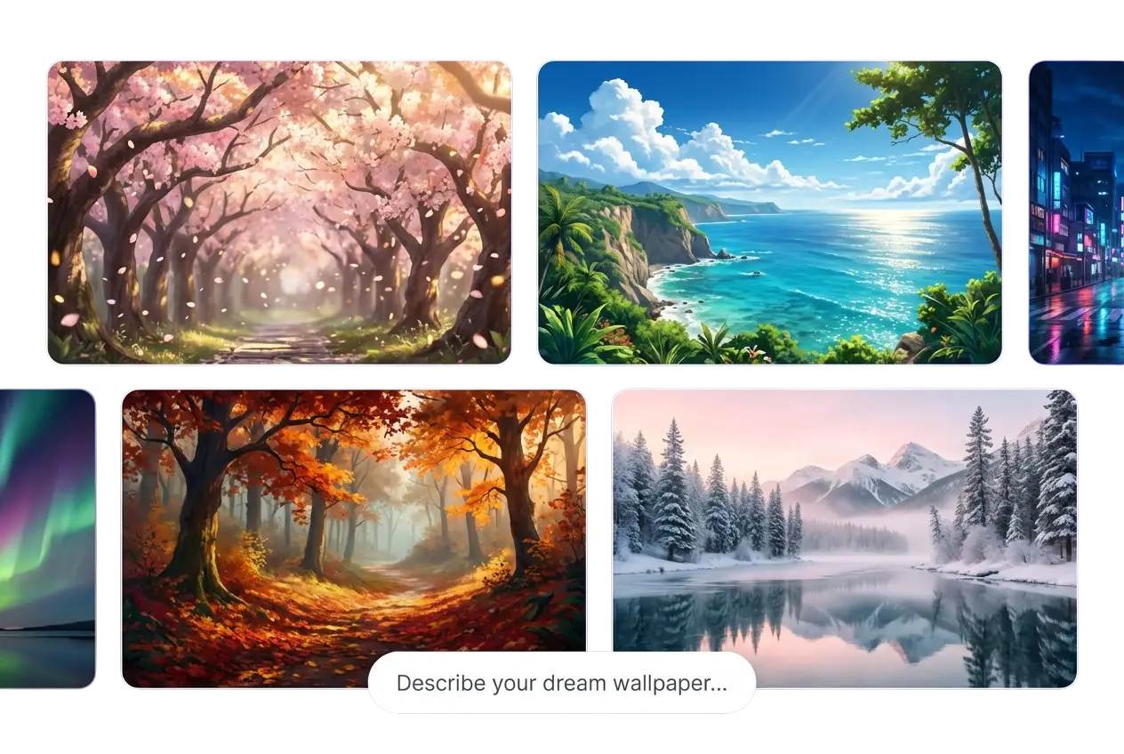 Galería de fondos de pantalla de IA que muestra escenas de flores de cerezo, océano, bosque otoñal y montañas invernales