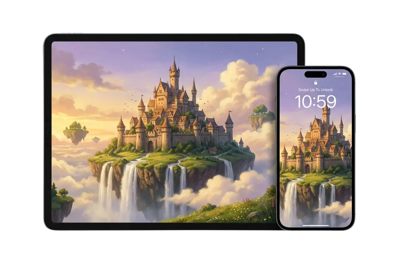 iPad y iPhone que muestran un fondo de pantalla de un castillo de fantasía en una isla flotante