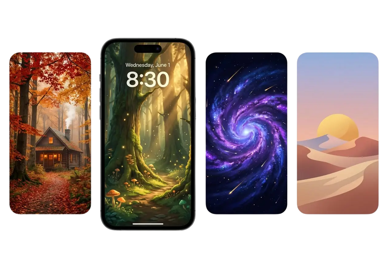 Cuatro vistas previas de fondos de pantalla de iPhone: cabaña de otoño, pantalla de bloqueo de bosque encantado, remolino de galaxias y puesta de sol en el desierto