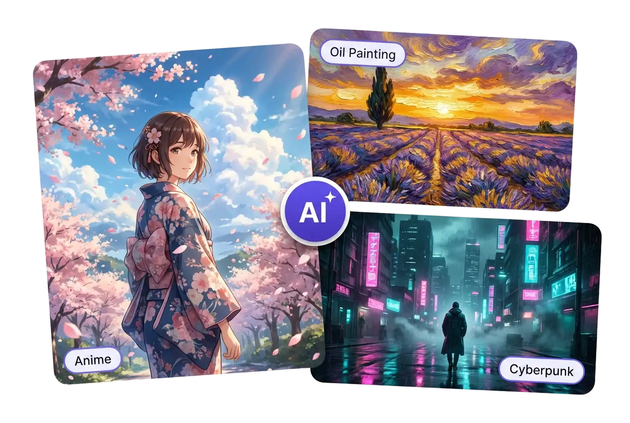 Tres tarjetas de estilo de fondo de pantalla de IA: flor de cerezo anime, campo de lavanda con pintura al óleo y ciudad Cyberpunk