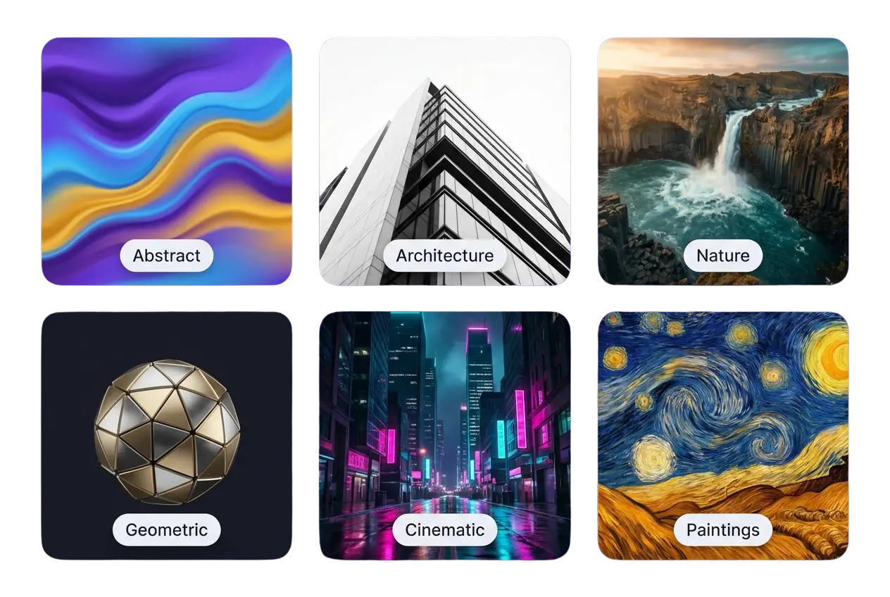 Cuadrícula de categorías de fondos de pantalla de IA: abstracto, arquitectura, naturaleza, geométrico, cinematográfico y pinturas