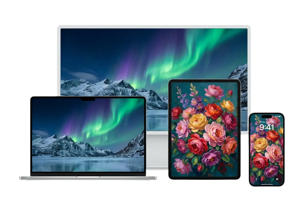 MacBook, monitor, iPad y iPhone que muestran dos fondos de pantalla generados por IA: paisaje de auroras y pintura al óleo floral