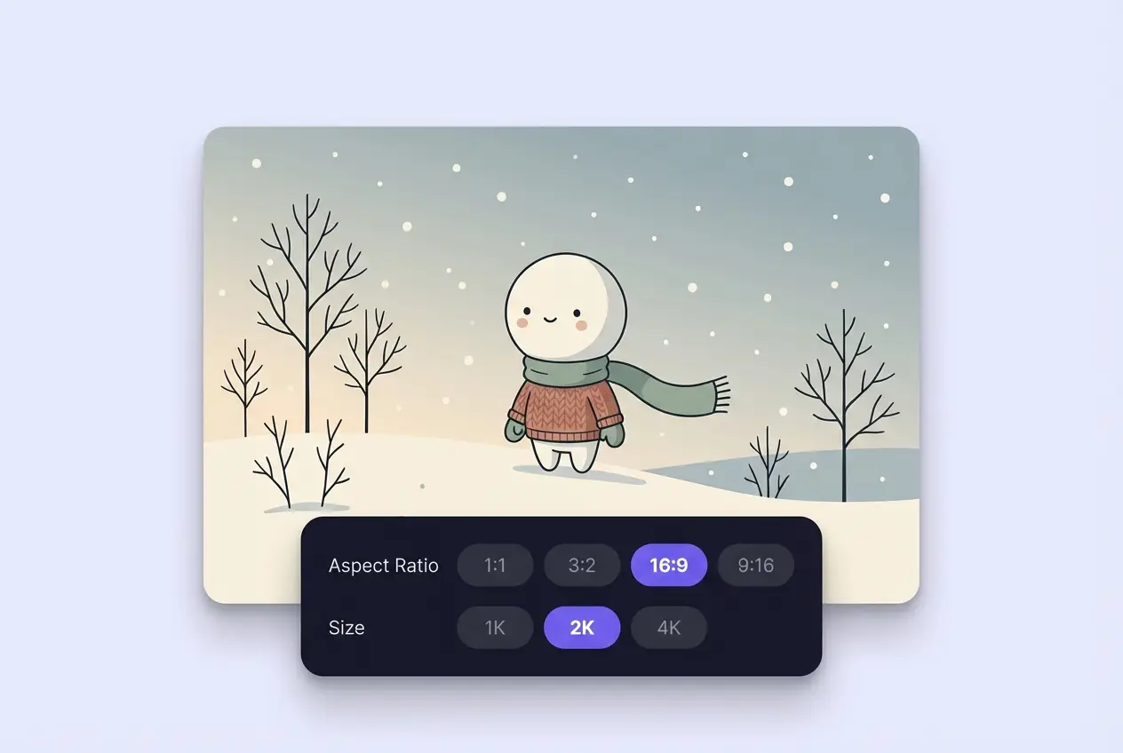 Fondo de pantalla de personajes invernales generado por IA con relación de aspecto y selector de resolución