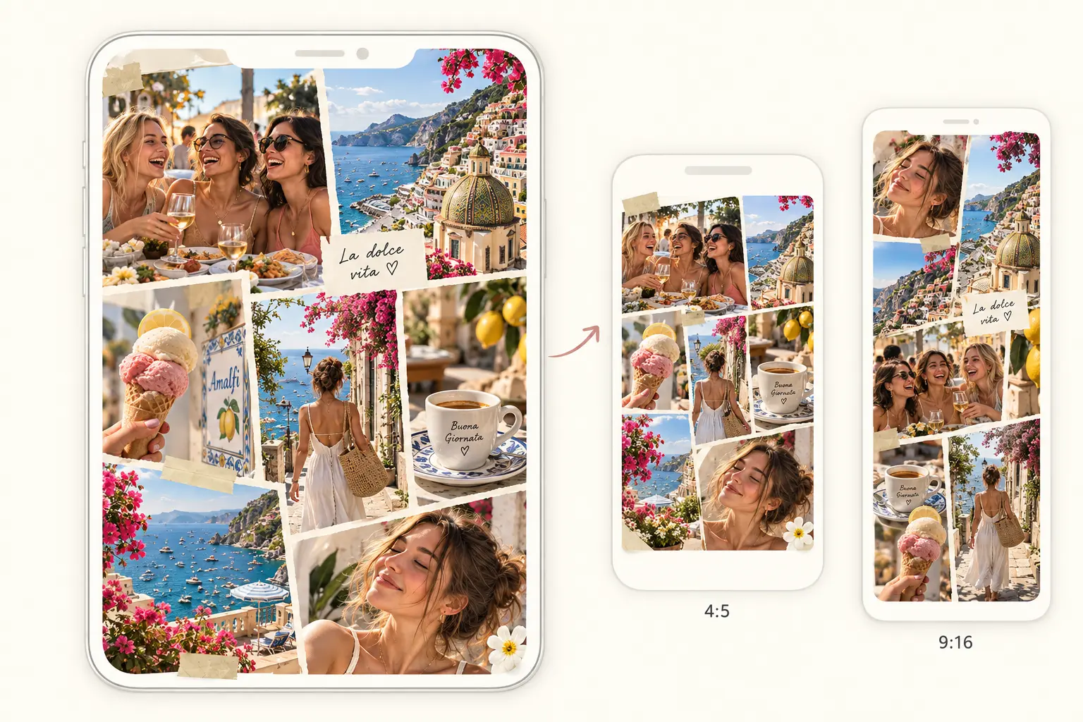 Instagram feed collage formats shown with travel photos