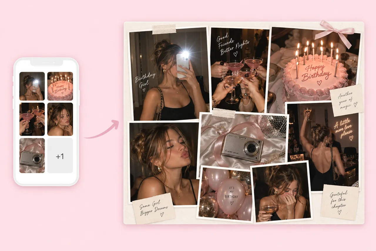 AI photo dump maker preview with a camera-roll collage