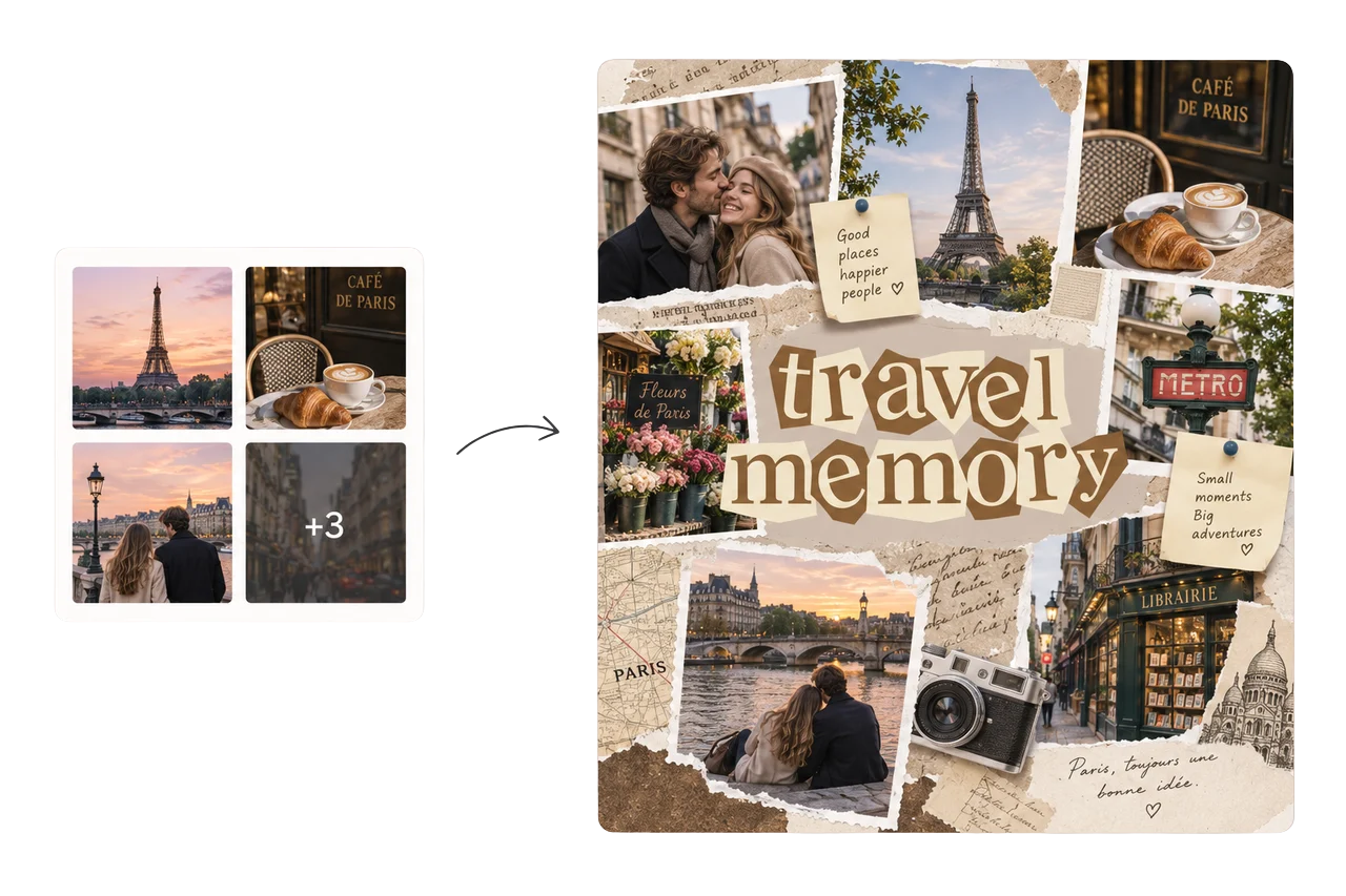 AI travel collage maker preview with vacation photos arranged into one travel recap