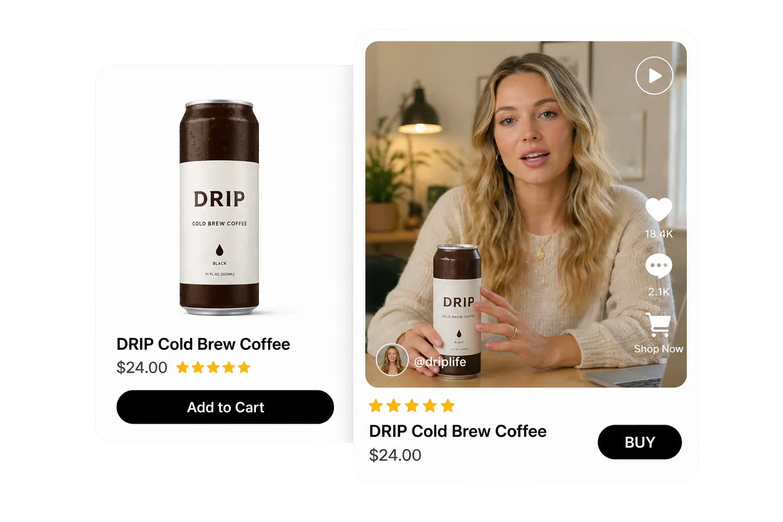 หน้าสินค้ากาแฟ Shopify ข้างพิธีกรที่ถือสินค้าเดียวกัน