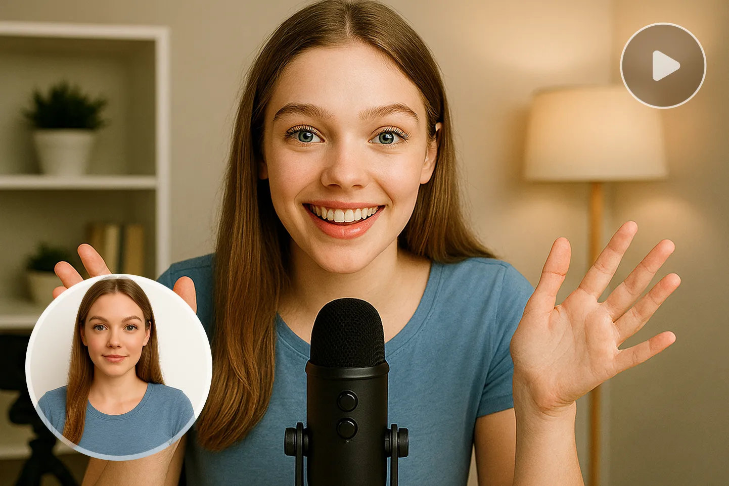 A smiling woman speaking into a microphone, illustrating how a static portrait transforms into a natural talking-video using Image-to-Video AI