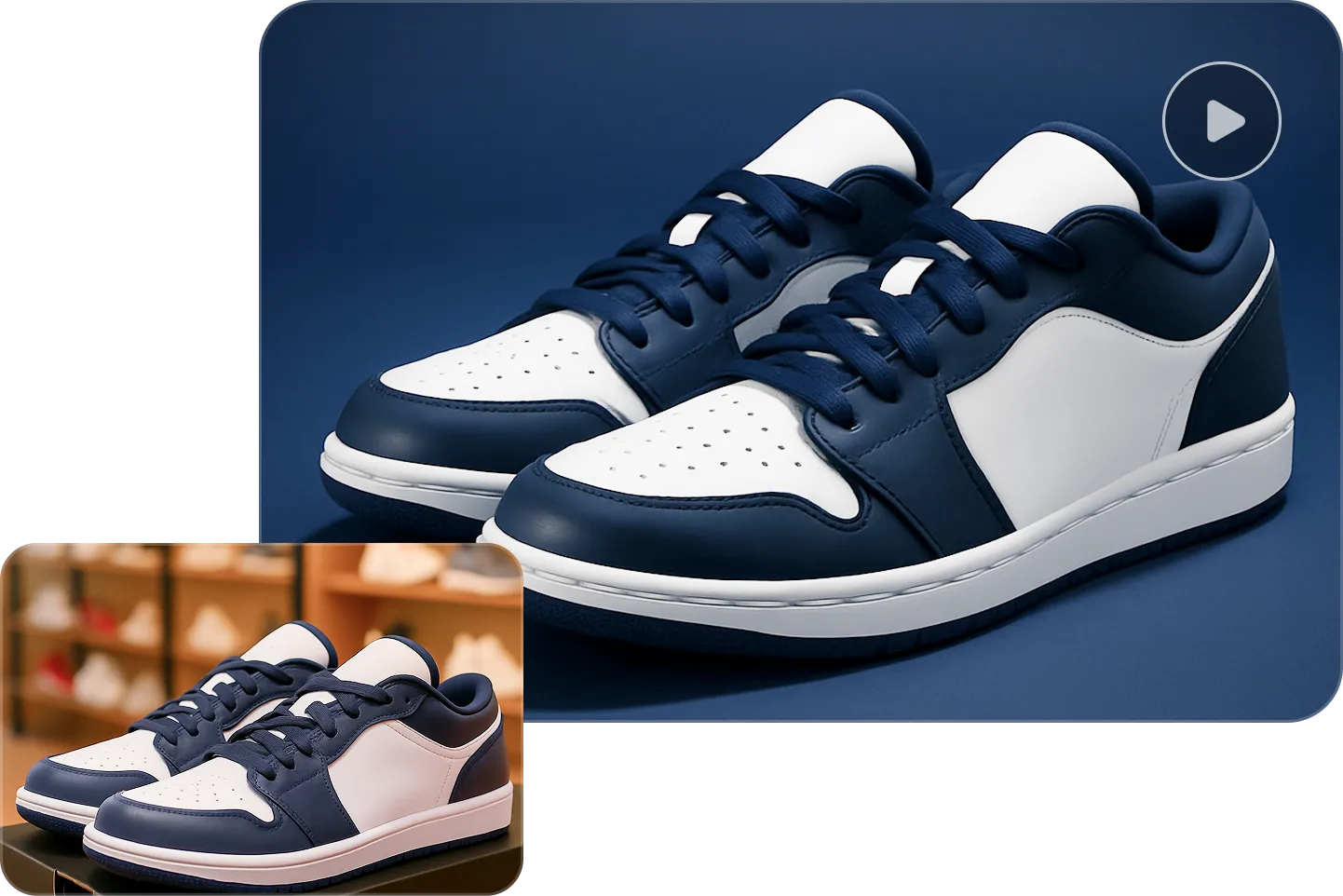 Before-and-after image showing sneakers enhanced with AI image-to-video generator, highlighting realistic lighting and 3D depth for product videos.