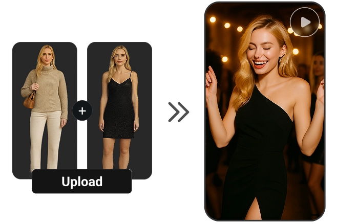 Two full-body photos of a woman uploaded to generate an AI dancing video, showing her transformation into a stylish, confident pose in a black dress.