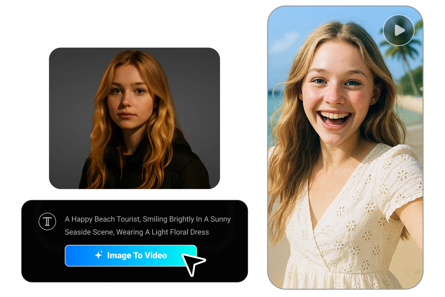AI image-to-video example turning a neutral portrait of a young woman into a sunny seaside scene, smiling brightly in a floral dress.