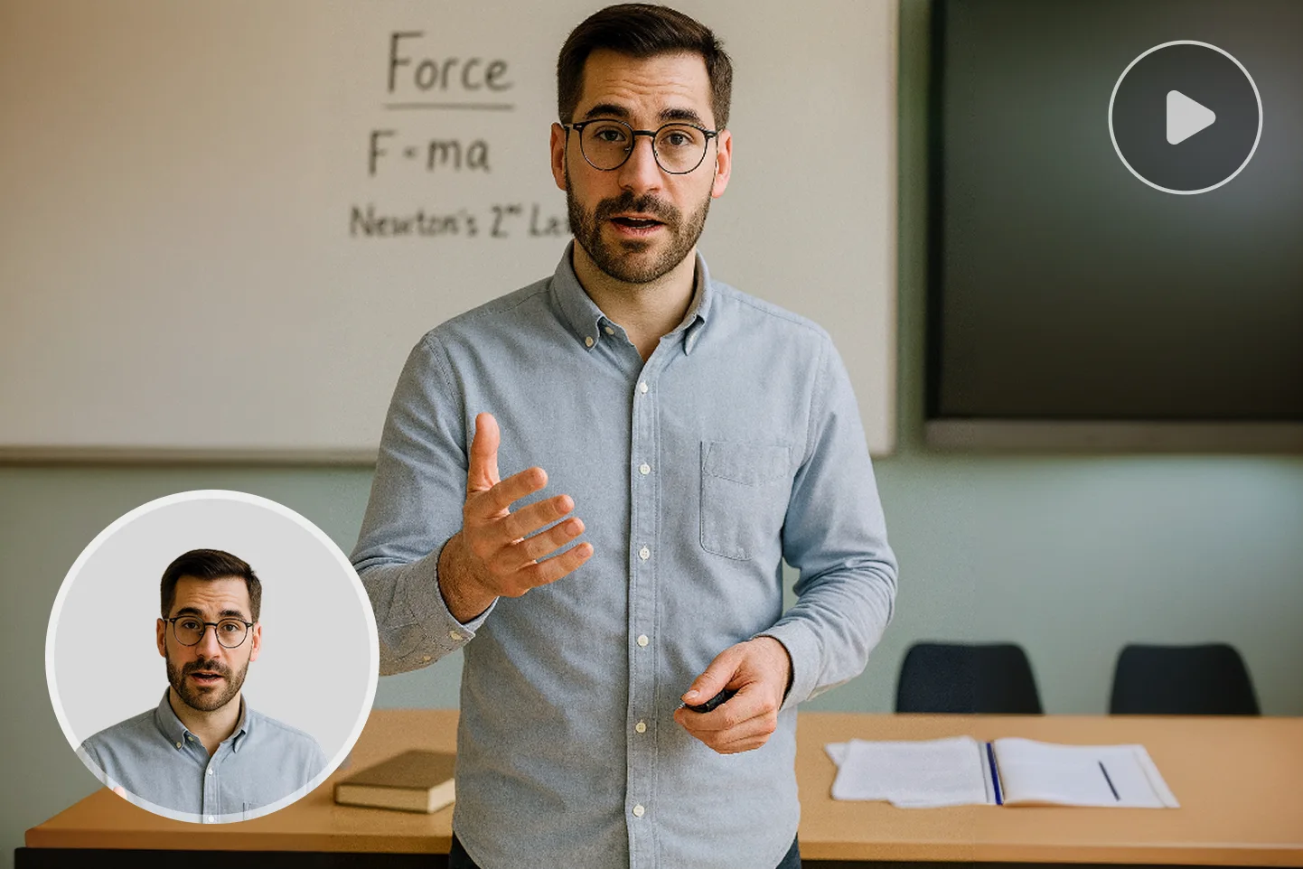 AI-generated classroom video created from a single teacher photo, showing natural hand gestures and realistic movement during a physics lesson.