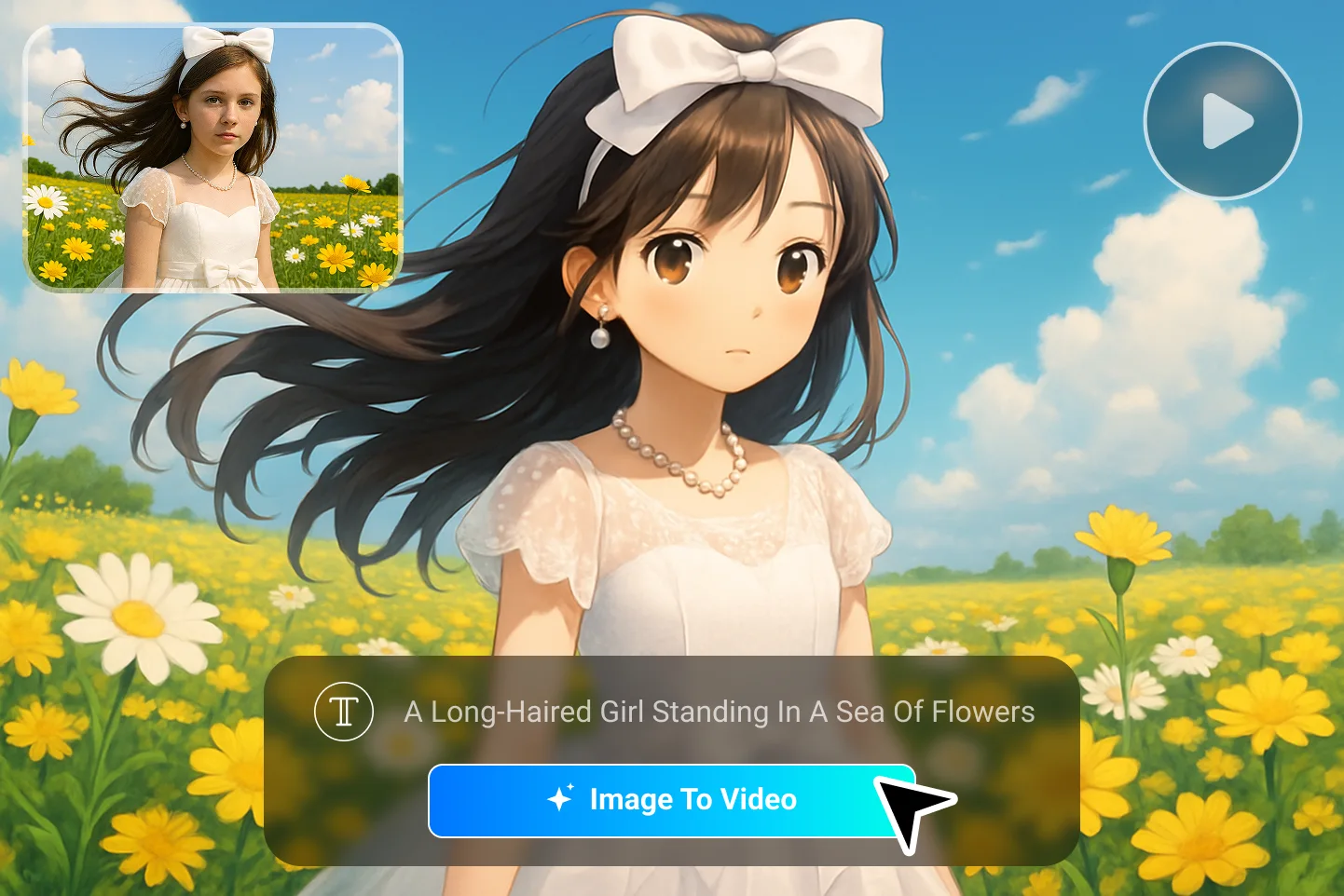 AI image-to-video animation of a girl in a white dress standing in a field of yellow flowers, transformed into anime style with flowing hair and bright sky.
