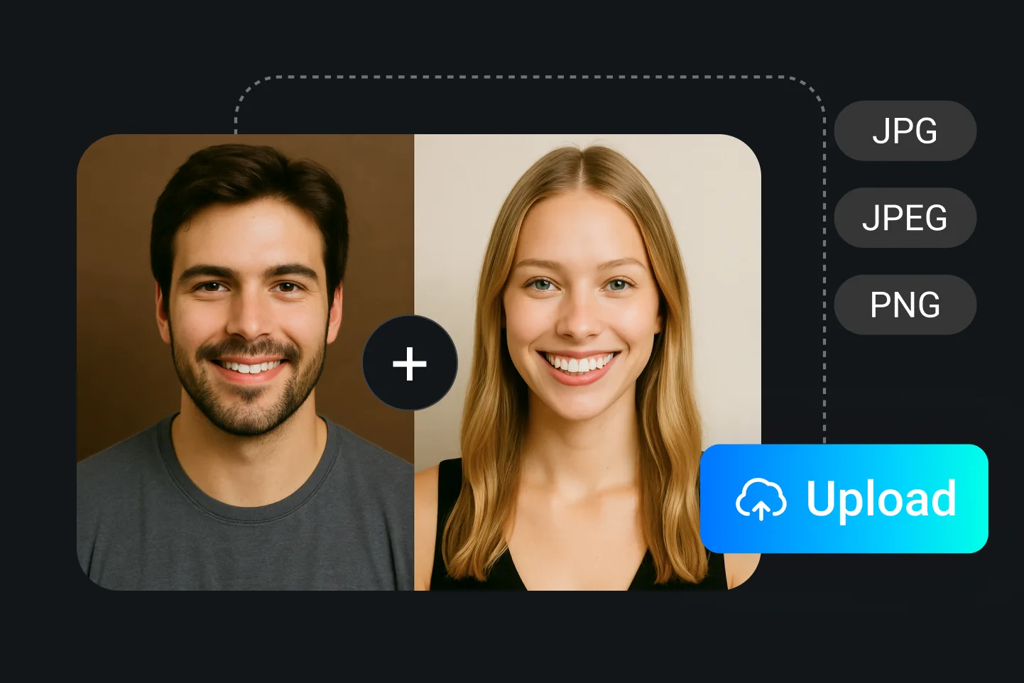 A man and a woman smiling in separate portraits, ready to upload for creating an AI embrace video using JPG, JPEG, or PNG format.