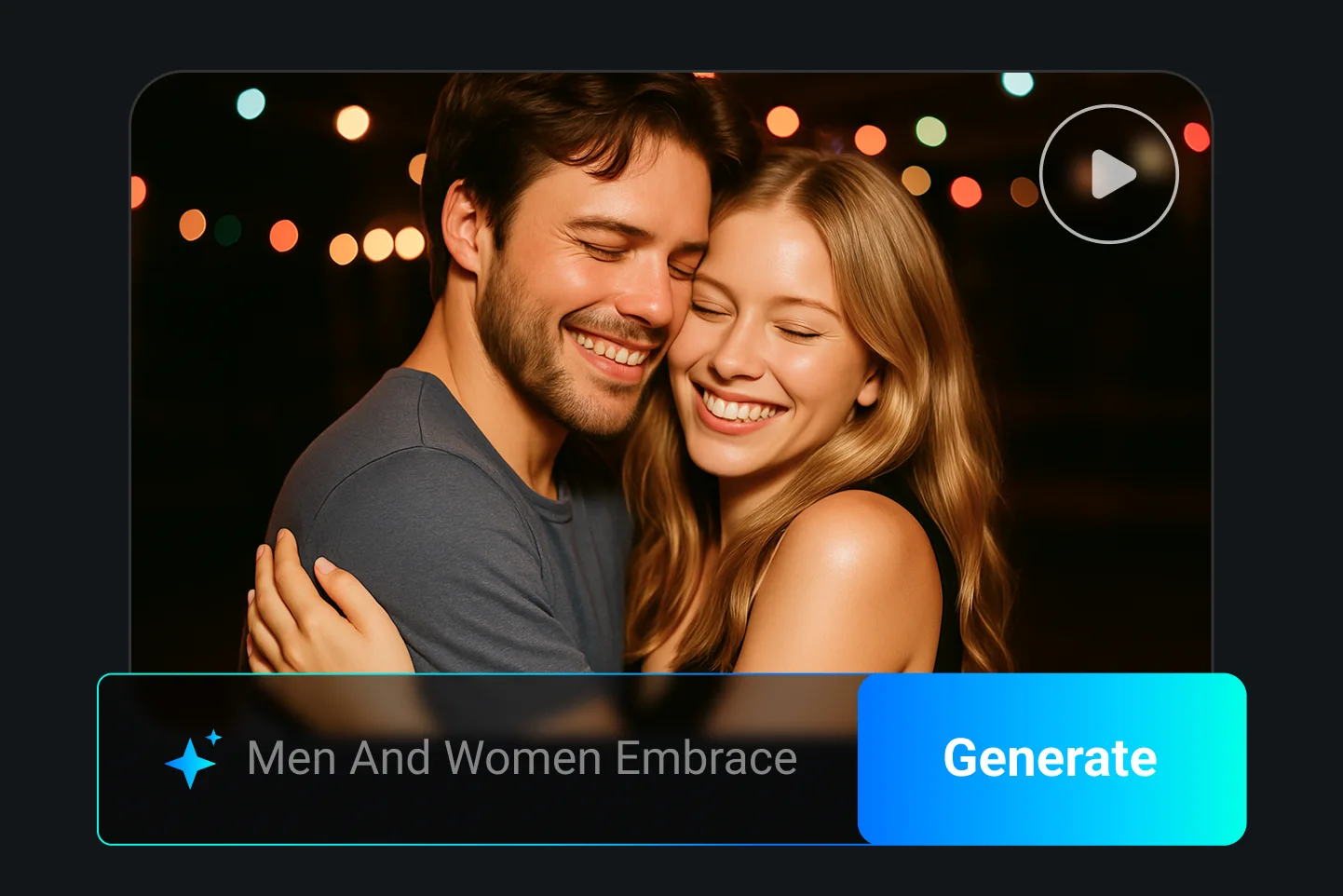 AI-generated video preview showing a man and woman embracing with warm lights in the background, created with the AI Hug or Embrace generator