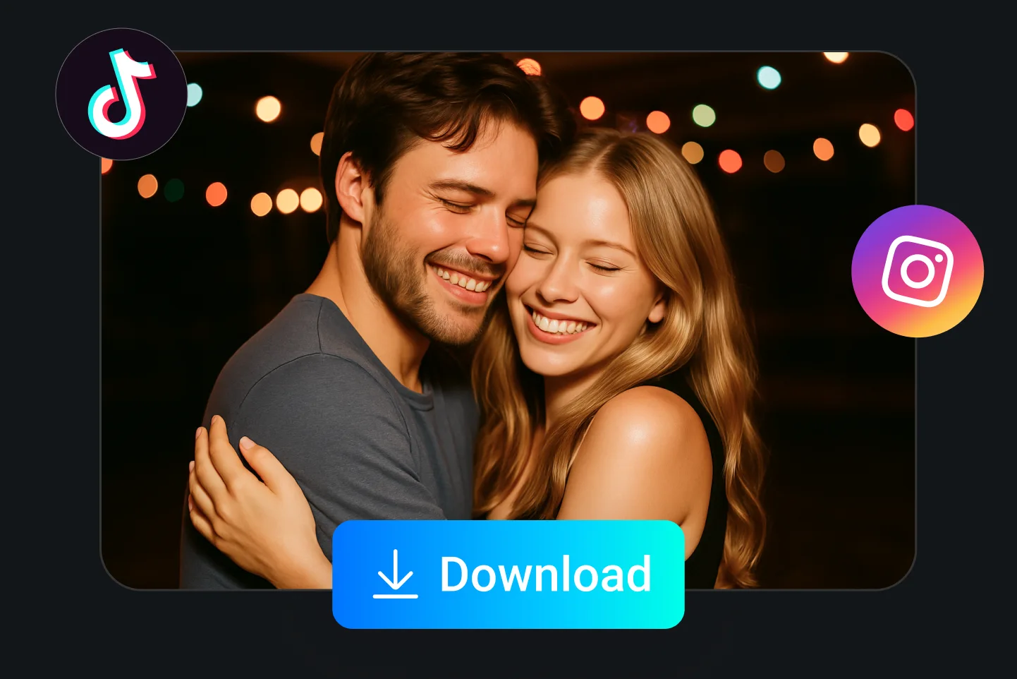 Finished AI embrace video featuring a smiling couple hugging at night, ready to download and share on TikTok and Instagram.