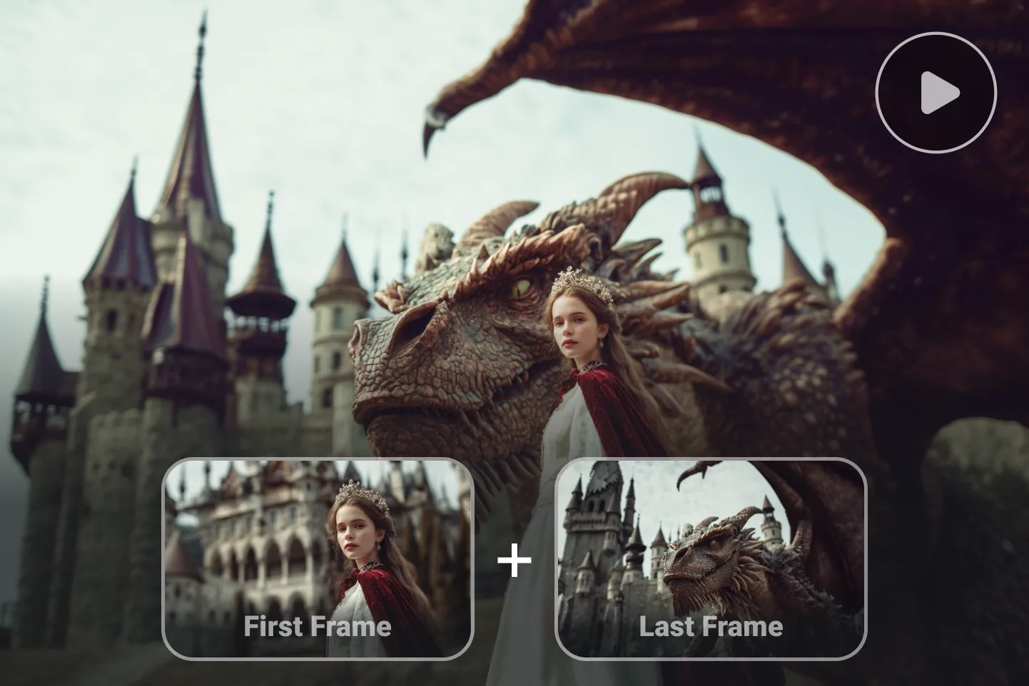 First frame and last frame method to animate a fantasy scene with a dragon and a castle, turn images into video