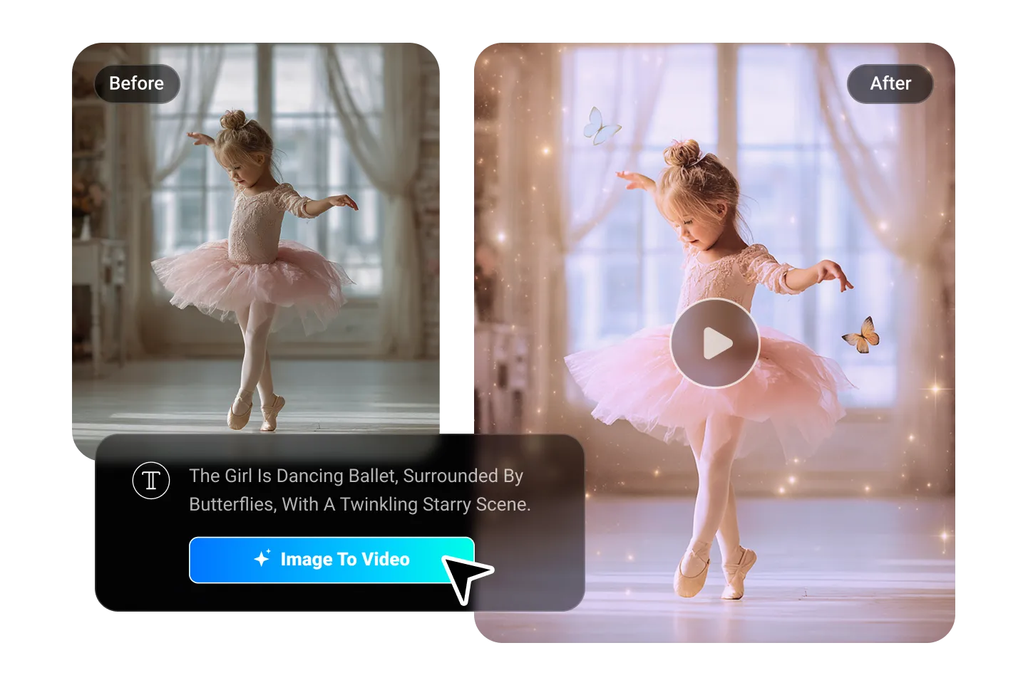 A ballerina twirling amid sparkles and butterflies, showing a before-and-after comparison of still photo to animated video using Image-to-Video generation.