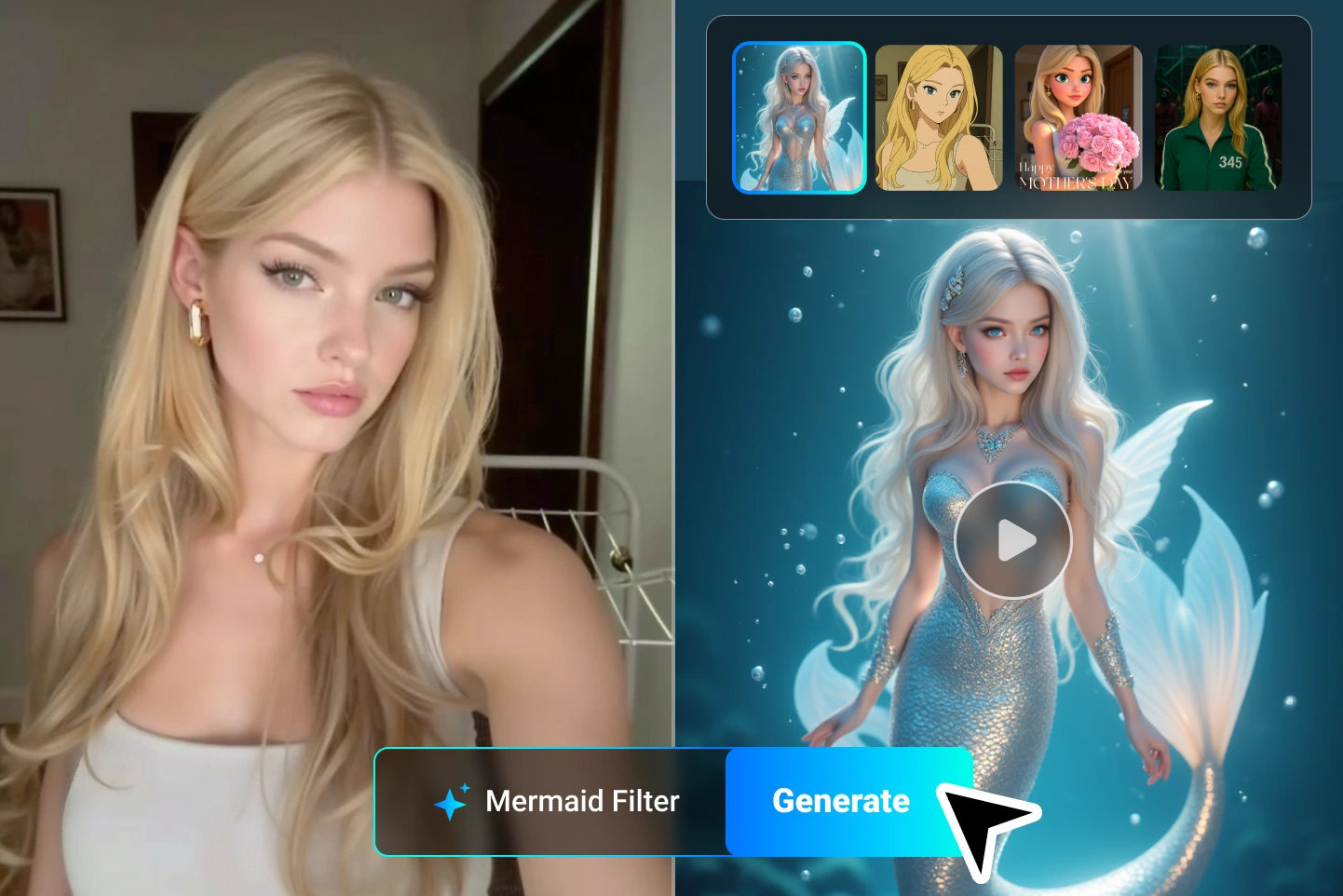 AI Mermaid Video Generator transforming a blonde woman’s portrait into a shimmering underwater mermaid character with silver scales and flowing hair
