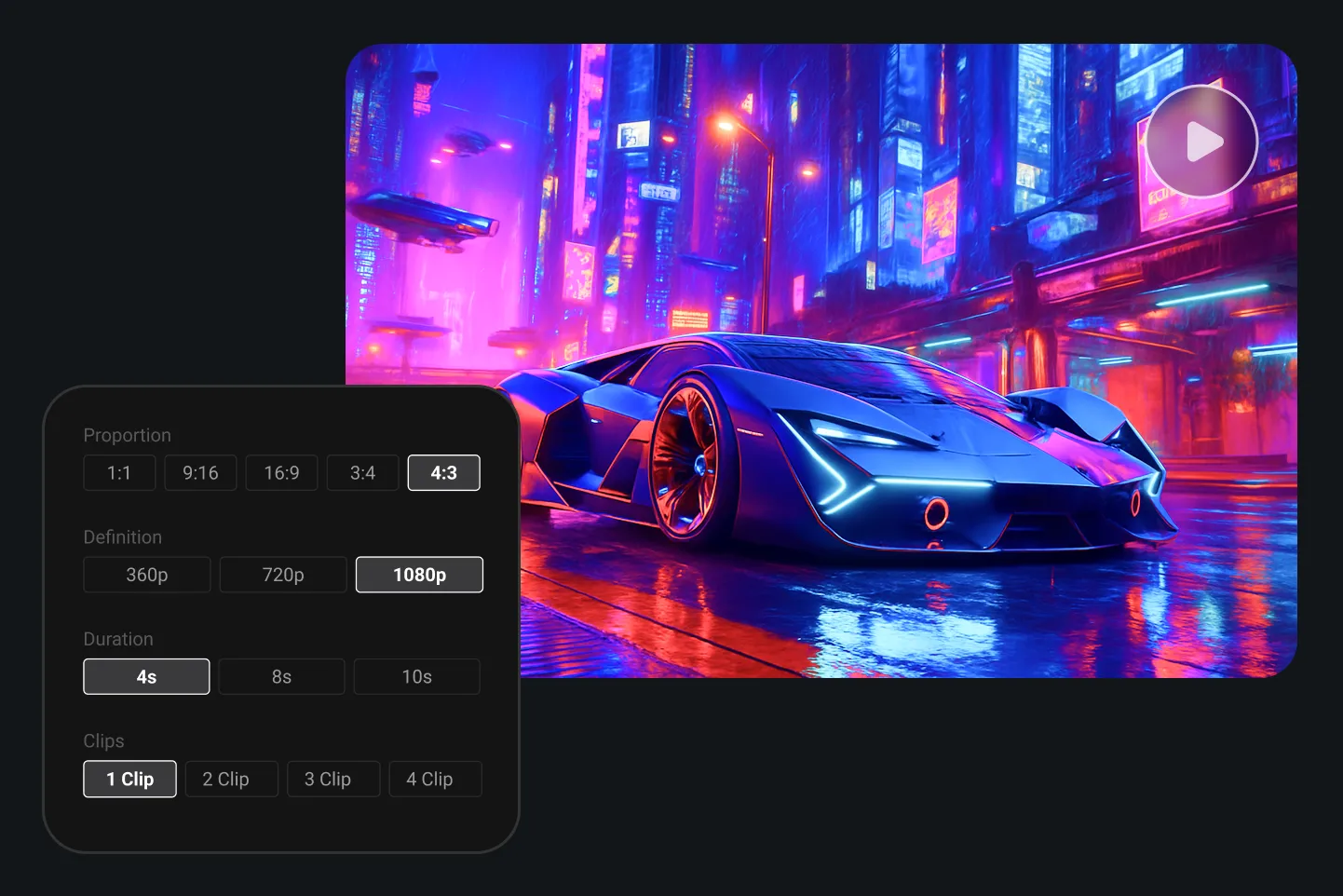 AI image-to-video generator interface showing a futuristic cyberpunk car in neon lights, with adjustable options for aspect ratio, video length, resolution up to 1080p, and clip count.
