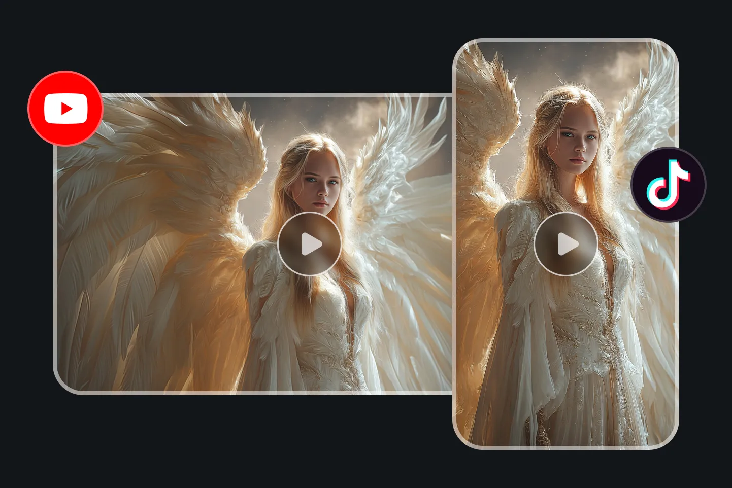 AI cinematic video showing a blonde woman with white angel wings in soft light, rendered in 16:9 and 9:16 formats for YouTube and TikTok.