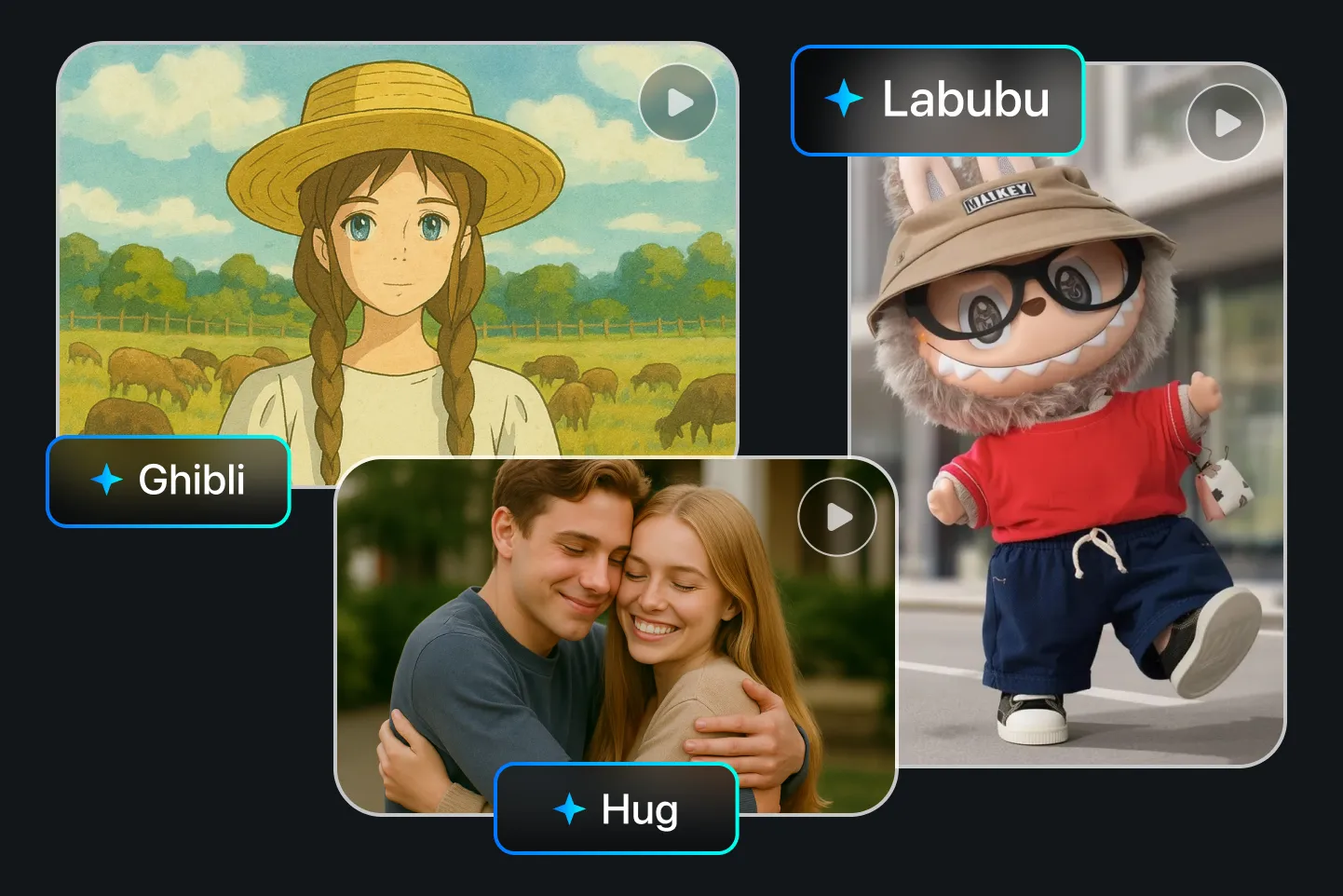 AI image-to-video generator showing three styles: a Ghibli-inspired anime girl with braids and straw hat, a cute Labubu doll character in red clothes, and a couple hugging in a warm outdoor scene.