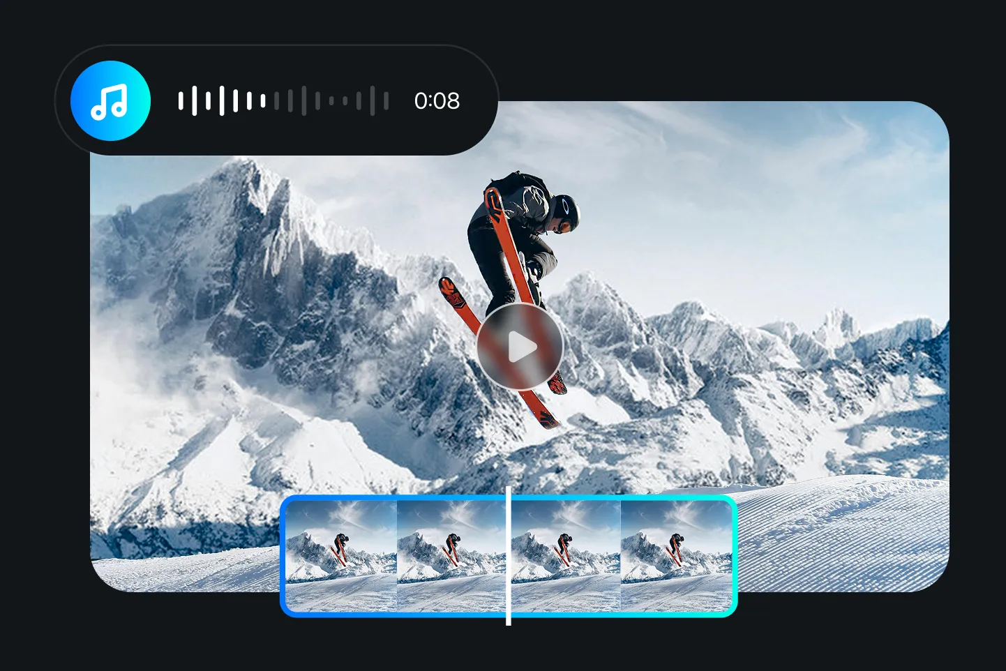 AI image-to-video animation of a skier performing a mid-air jump in snowy mountains, enhanced with background music and smooth motion preview.