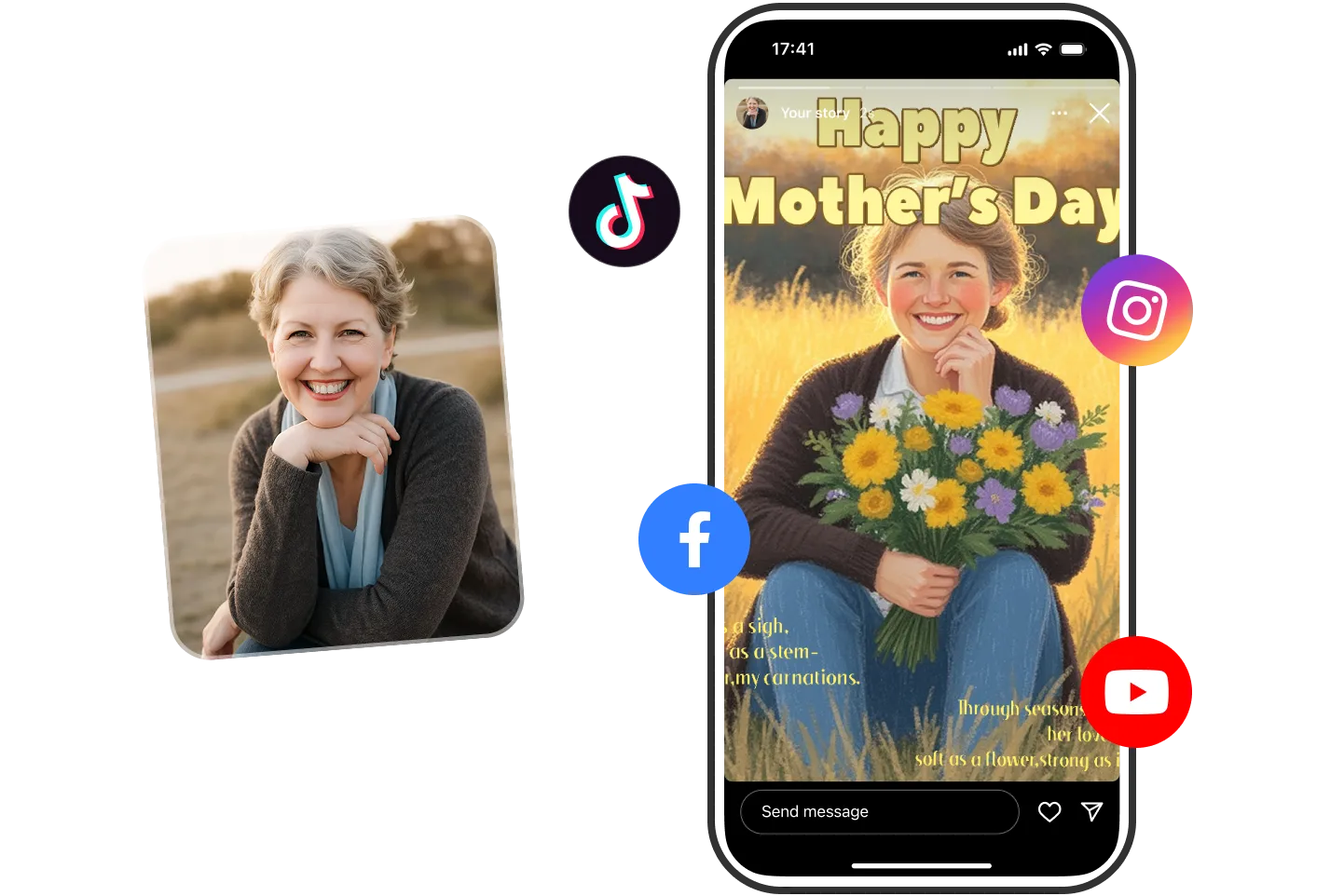 A smiling woman’s portrait turned into a warm AI video greeting for Mother’s Day, ready to share on TikTok, Facebook, and Instagram.