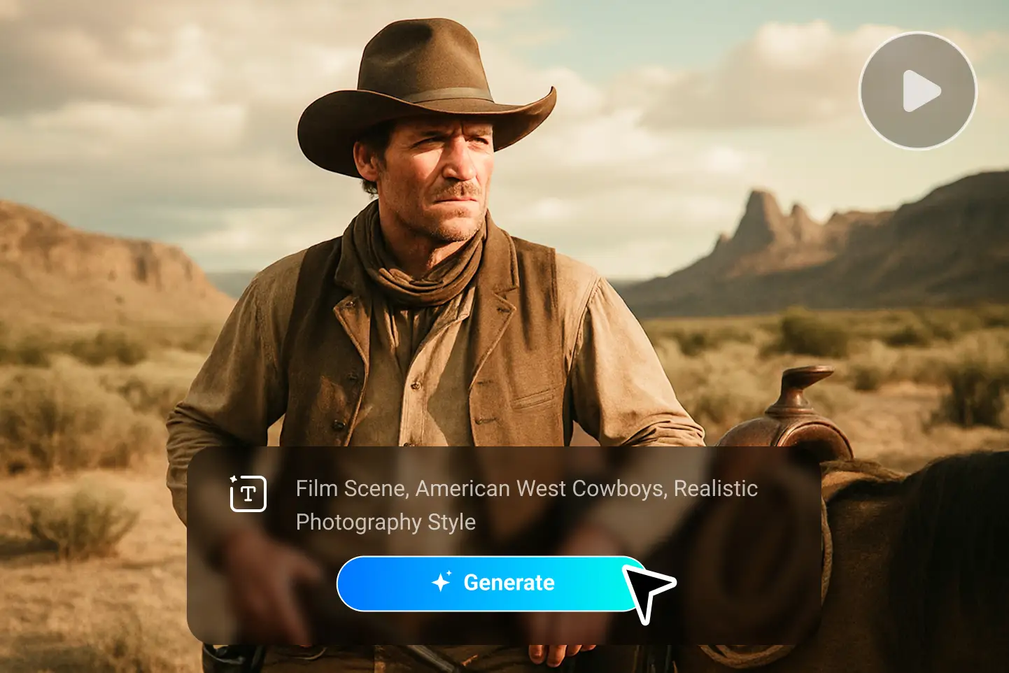 A cowboy in the American West desert generated with PhotoGrid text to video AI, showing cinematic storytelling in realistic photography style.
