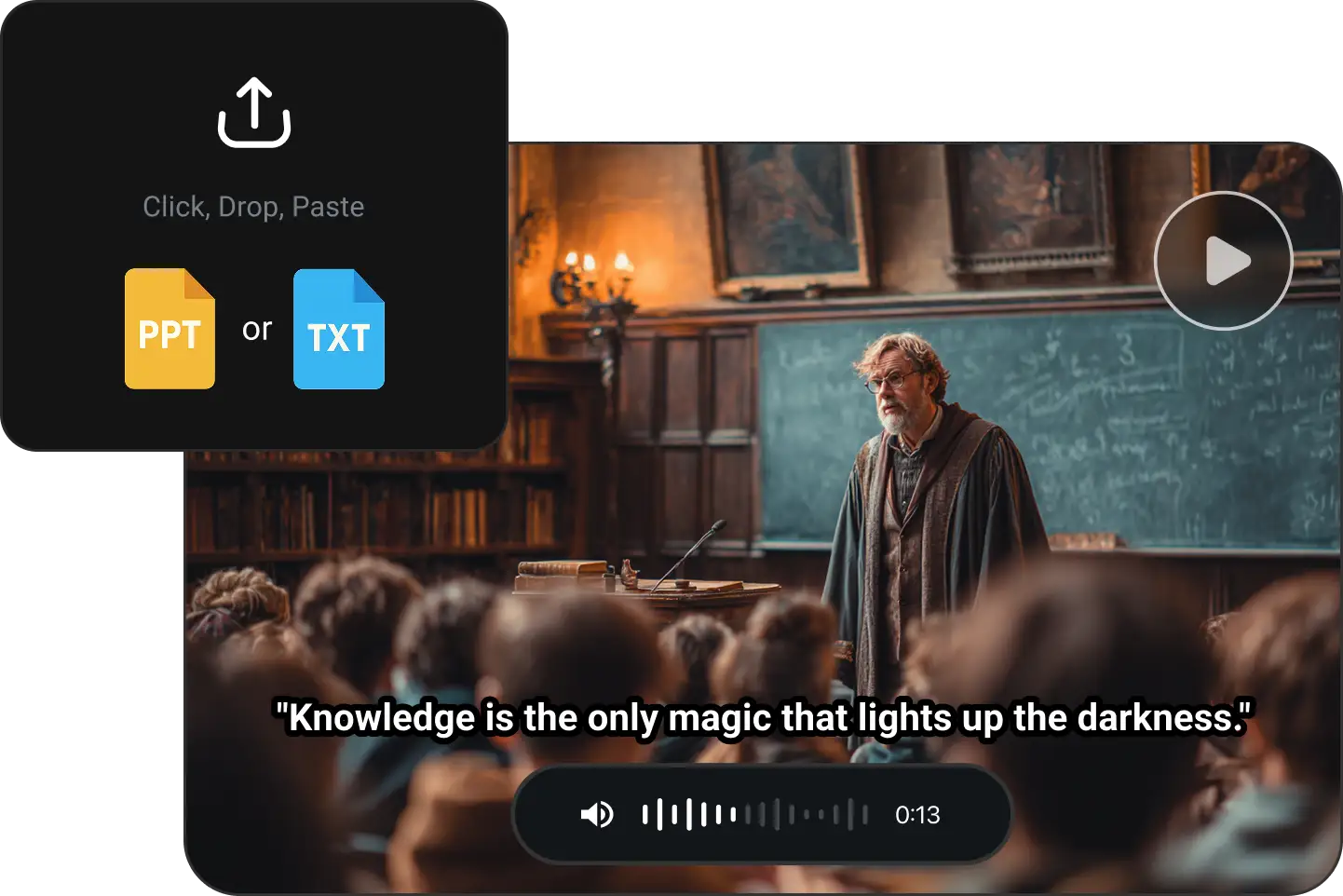 A professor giving a magical lecture in an old library, generated by PhotoGrid text to video AI from uploaded PPT or text files.