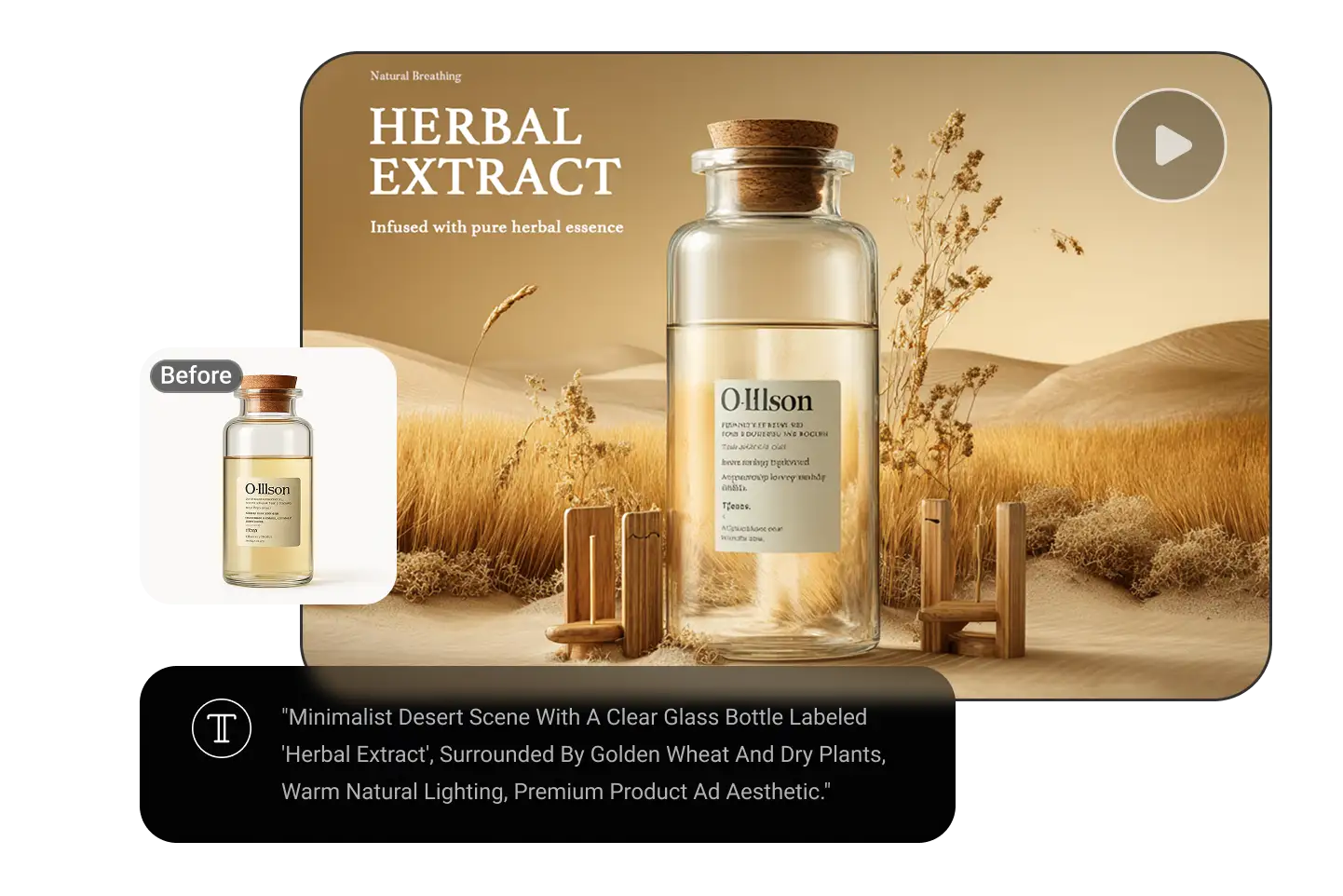 A minimalist herbal product bottle transformed into a cinematic ad scene using PhotoGrid text to video AI, surrounded by golden desert plants and warm lighting.