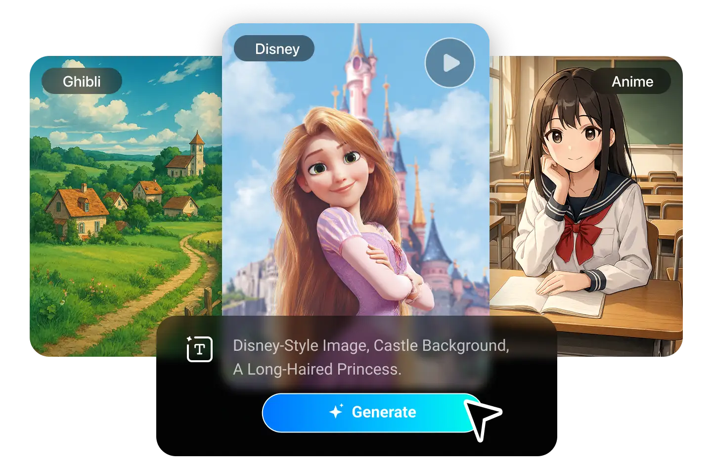 Disney, Ghibli, and anime styles generated with PhotoGrid AI video generator from text, showing how prompts turn into animated fantasy scenes.