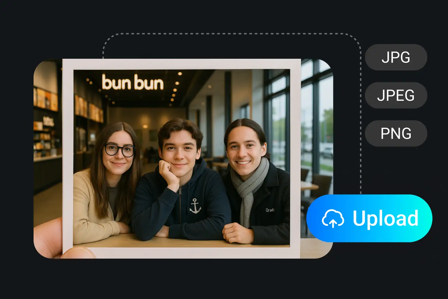 A group photo of three friends in a café uploaded to PhotoGrid text to video AI, ready to be transformed into a clay animation video.