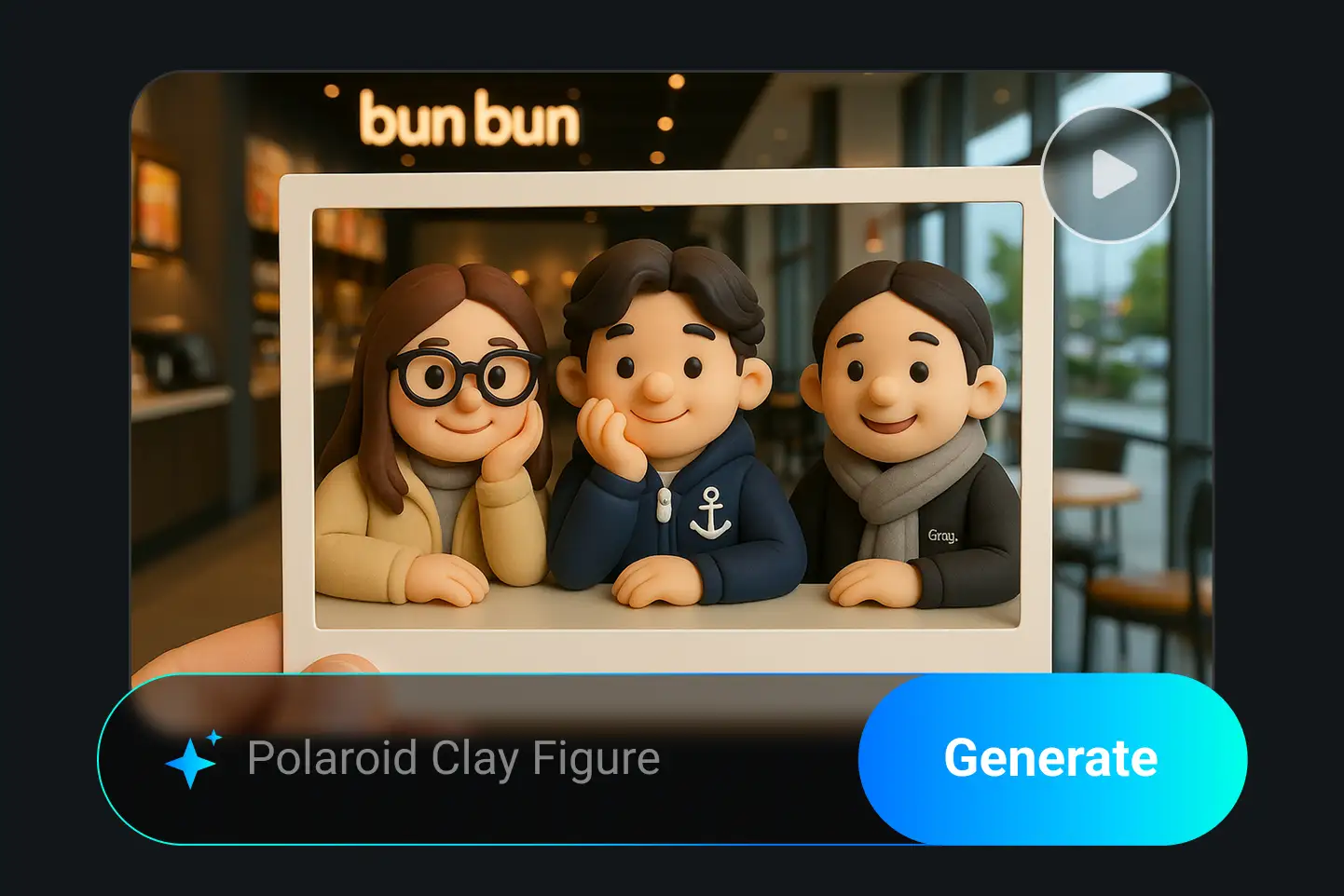 Clay-style 3D characters of three friends generated by PhotoGrid AI video generator, turning a real photo into a cute animated video.