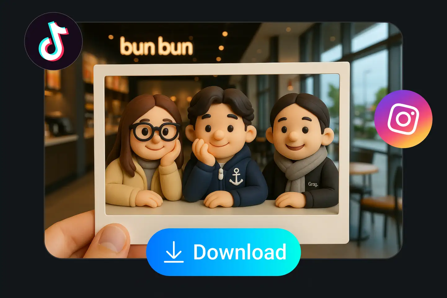 Generate and download your clip, as TikTok and Instagram icons sit by the video and a blue Download button with PhotoGrid.
