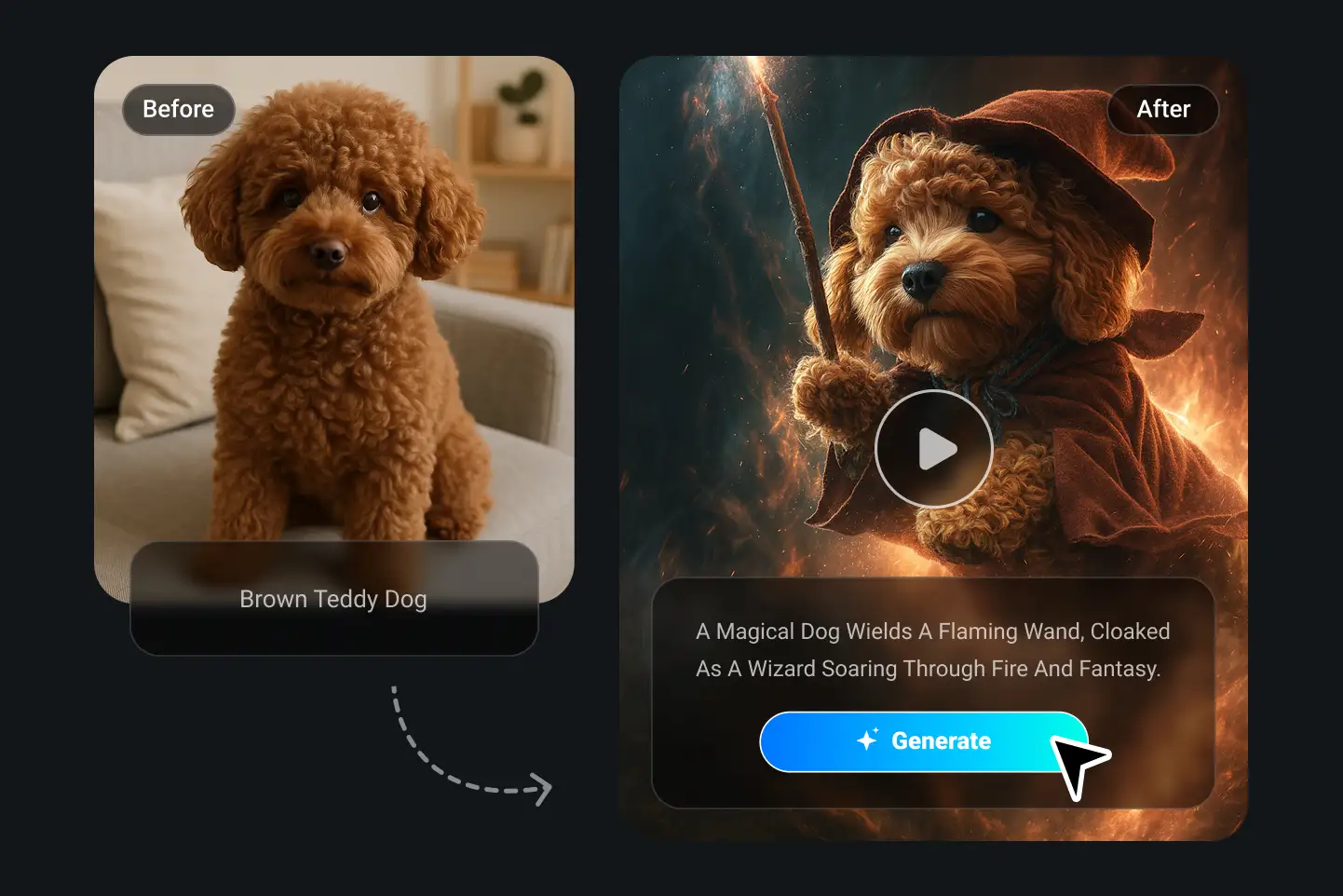A brown teddy dog transforms into a fantasy wizard through PhotoGrid’s text to video AI, holding a magic wand surrounded by fire and light.