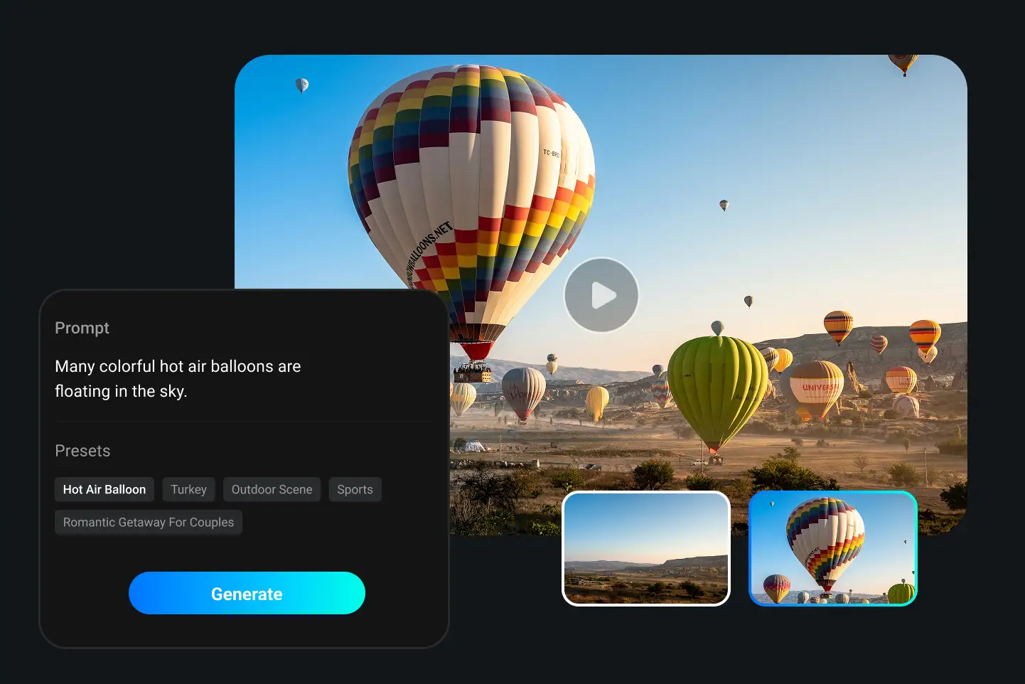 Hot air balloons floating across the sky generated by PhotoGrid’s AI video generator from text, turning prompts into cinematic travel scenes.