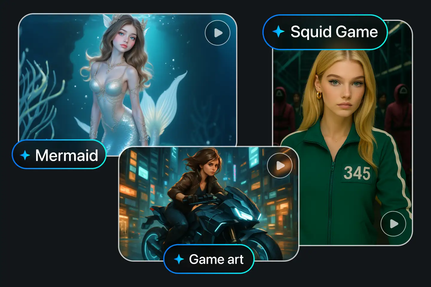 Mermaid, Squid Game, and cyberpunk motorcycle scenes created by PhotoGrid text to video AI, showing how one prompt can produce multiple styles.