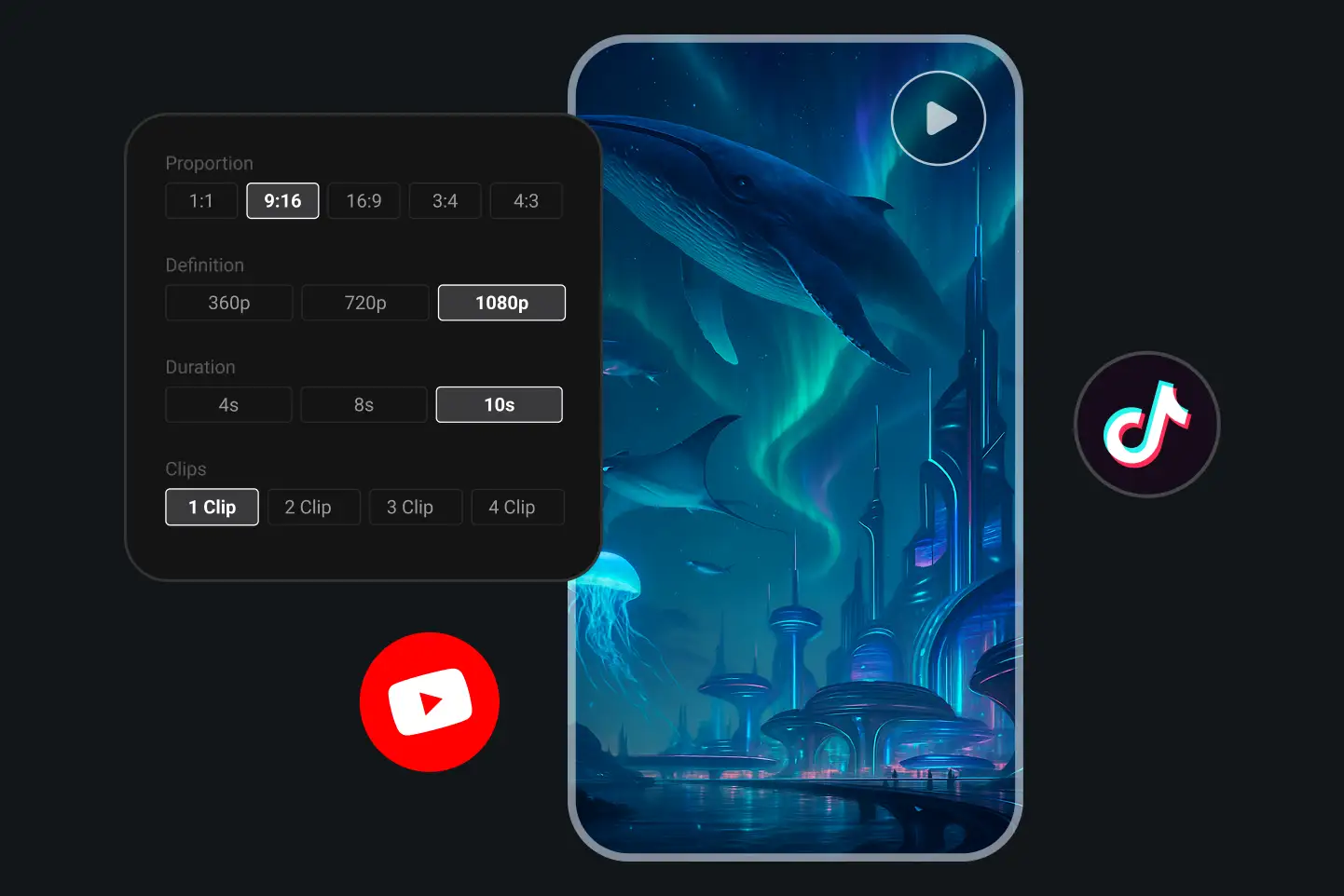 A futuristic ocean city with whales and aurora lights generated by PhotoGrid AI video maker, shown in 9:16 aspect ratio for TikTok and YouTube.