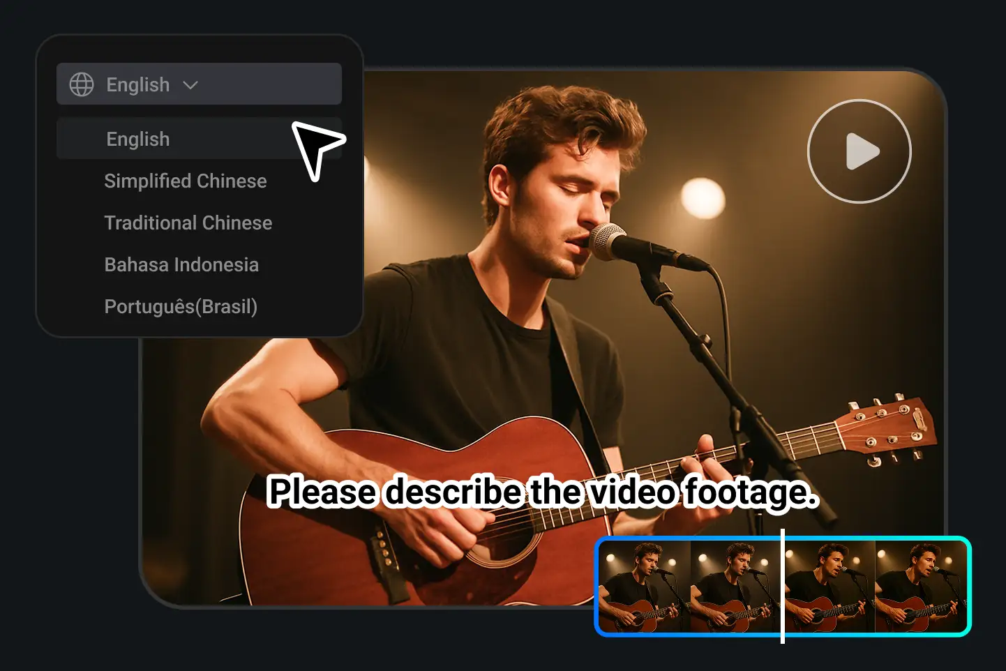 A man singing and playing guitar in a concert video generated with PhotoGrid text to video AI, supporting multilingual input for creative projects.