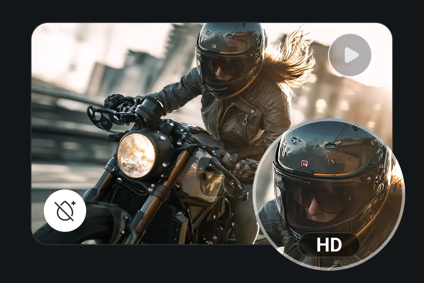 A biker woman riding through the city in HD, showcasing realistic motion and detail powered by PhotoGrid’s AI text to video generator.