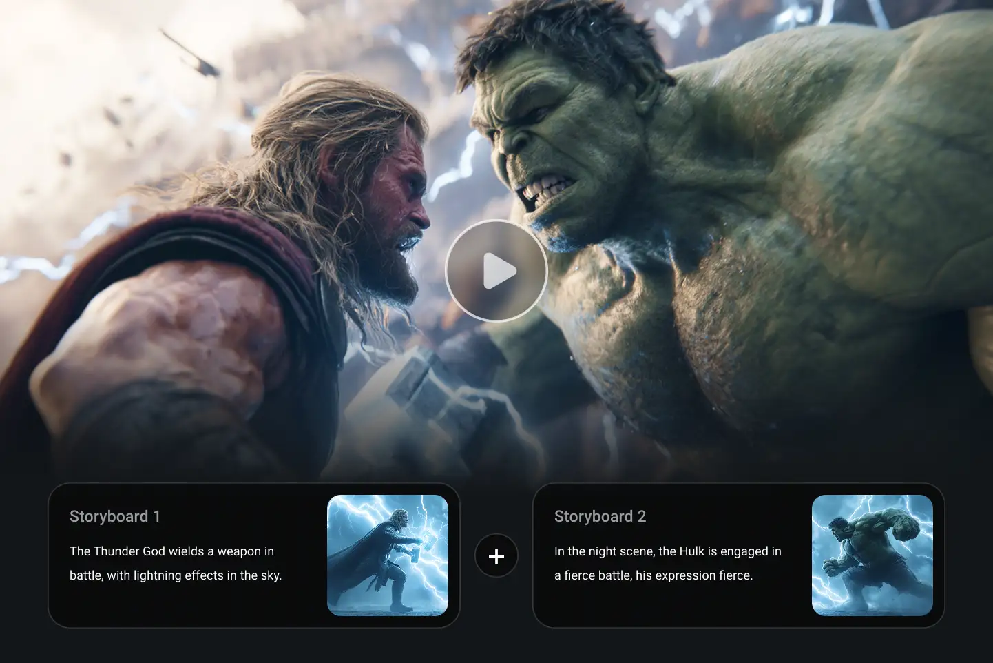 A cinematic battle between two superheroes generated with PhotoGrid AI video generator, using text prompts to build storyboards and effects.