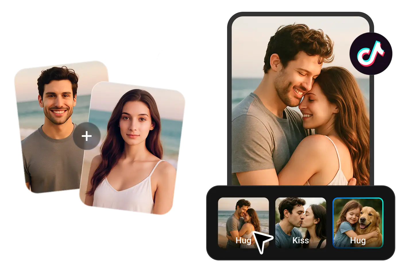 Couple photos merged into a romantic hugging video through PhotoGrid text to video AI, designed for TikTok short video storytelling.