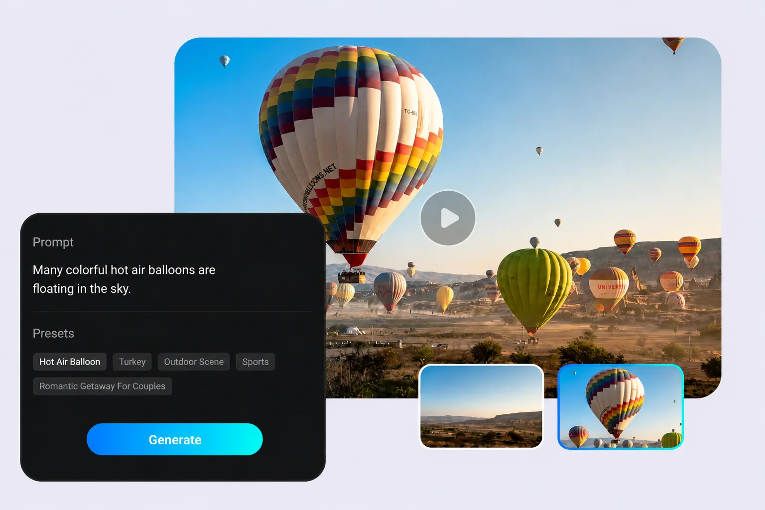 A text prompt about hot air balloons generates a cinematic aerial video, with preset tags and multiple output thumbnails shown
