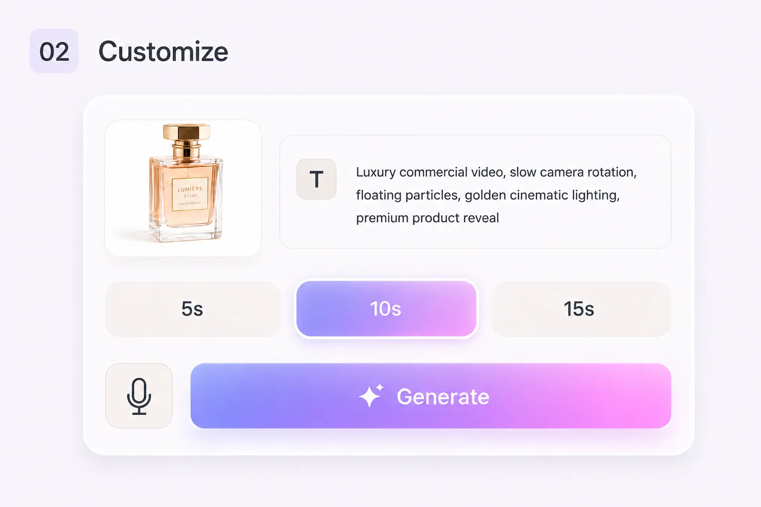 A customization panel showing the uploaded perfume photo, a text prompt describing a luxury product video, and duration options